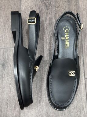 $1.6K 2026 CHANEL BLACK LEATHER LOAFERS SLINGBACK SHOES GOLD STRASS CC LOGO 37.5